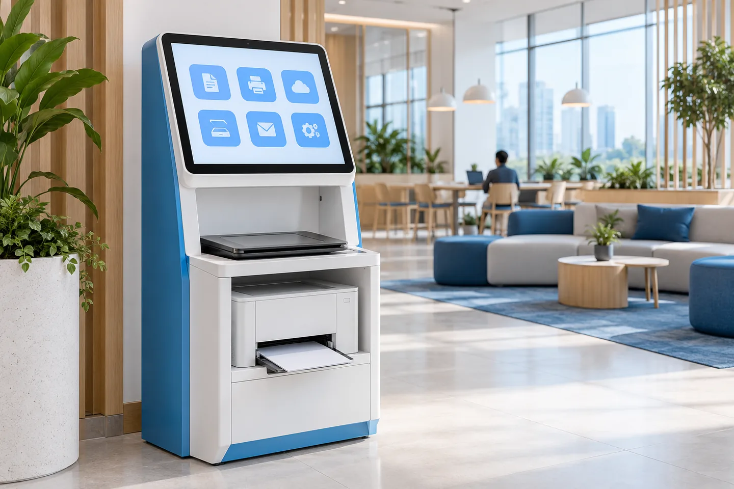 Konsep kios layar sentuh dengan printer dan scanner
